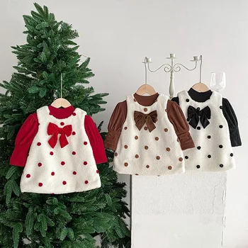 2023 Sonbahar Kış Bebek Kız Polka Dot Yelek Elbise Toddler Kız Katı Yay Giyim Bebek Kız Peluş Kalınlaşmış Pamuklu Elbise