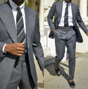 Koyu Gri Bir Düğme Erkek Takım Elbise Akşam Parti Giyim 2 Parça Resmi Amaçlar Doruğa Yaka Ceket + Pantolon Ceket Düğün Smokin Damat